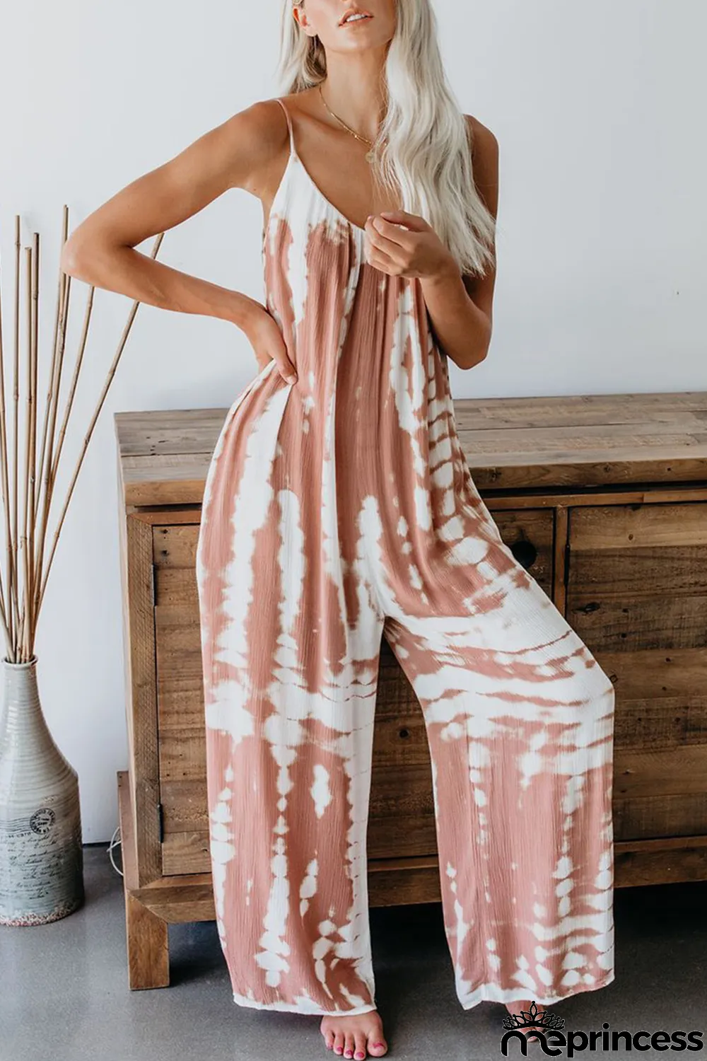 Pink Spaghetti Strap Tie Dye Baggy Long Pants Romper