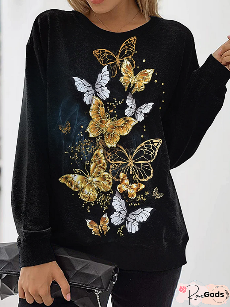 Women Casual Butterfly Spring Crew Neck Mid-Weight Long Sleeve Loose Cloth Blended Regular Sweatshirts