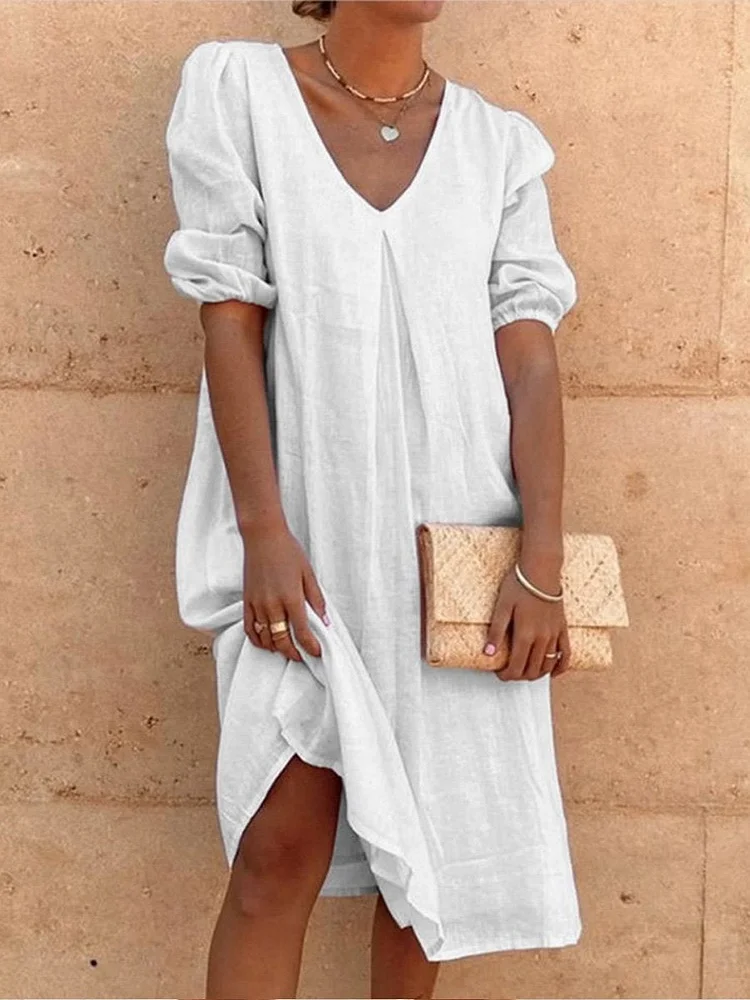Cotton And Linen Solid Color Long Sleeve Casual Midi Dress