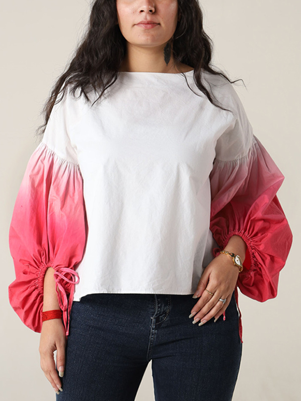 Colorblock Puff Sleeve Drawstring Blouses