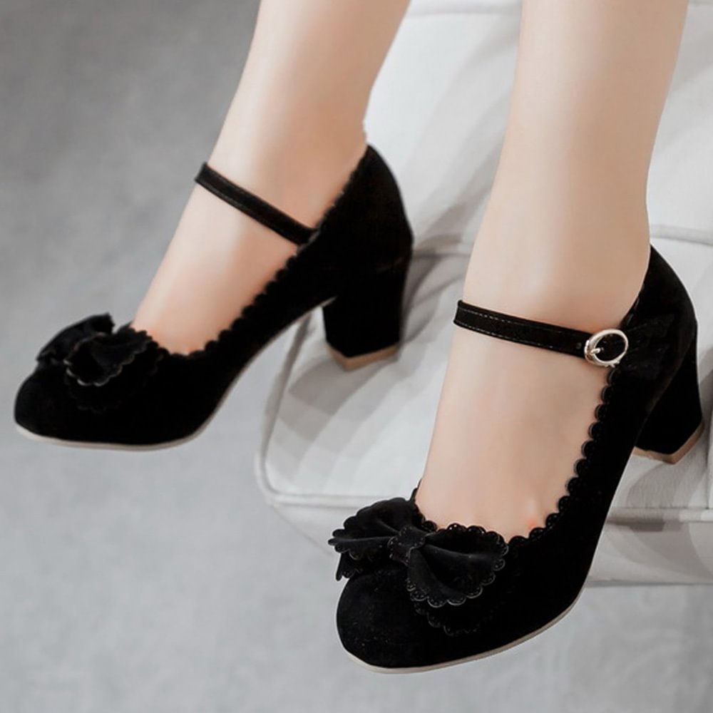 Black Suede Closed Toe Buckle Strappy Pumps With Low Chunky Heels Nicepairs