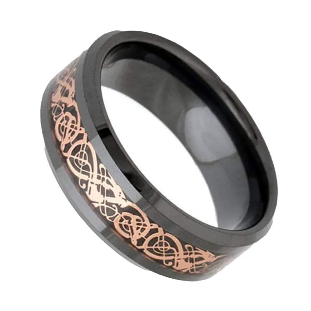 6MM 8MM Black Tungsten Carbide Rose Gold Celtic Dragon Inlay Men Wedding Bands