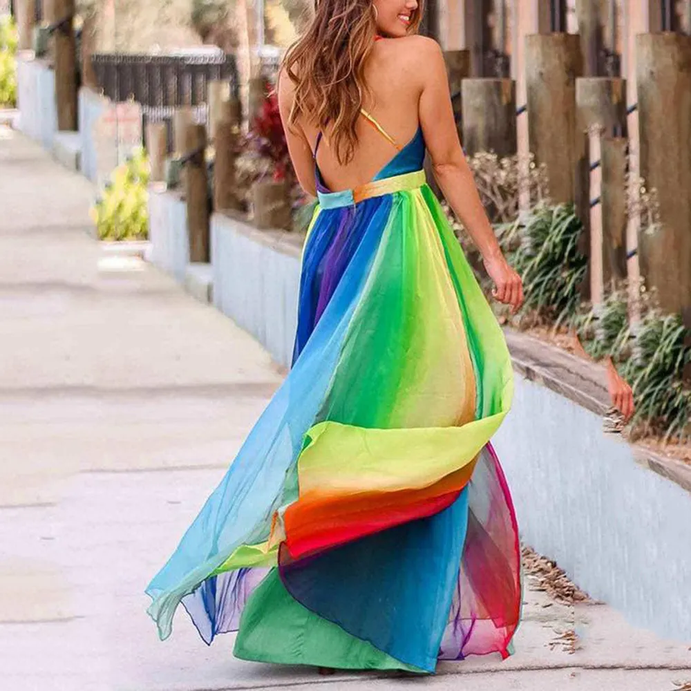 Brownm Brownm New Women's New Slings Sexy Deep V Rainbow Chiffon Suede Dress