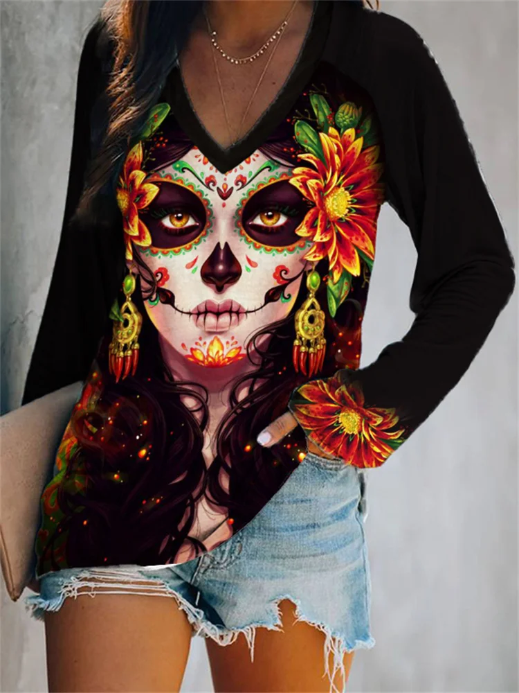 Day Of The Dead Art V Neck T Shirt