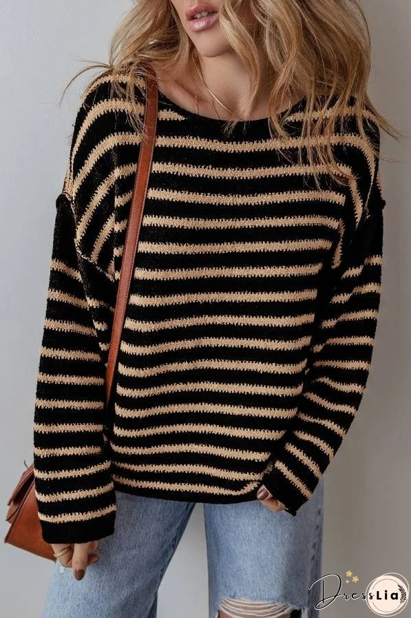 Black Stripe Drop Shoulder Round Neck Loose Sweater