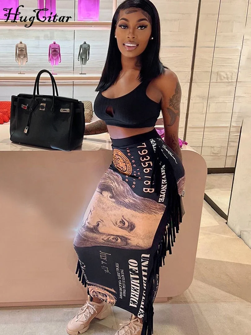 Hugcitar Dollor Print Tassel High Waist Midi Dress Skirt Traf 2021 Fall Women Fashion Streetwear Y2K