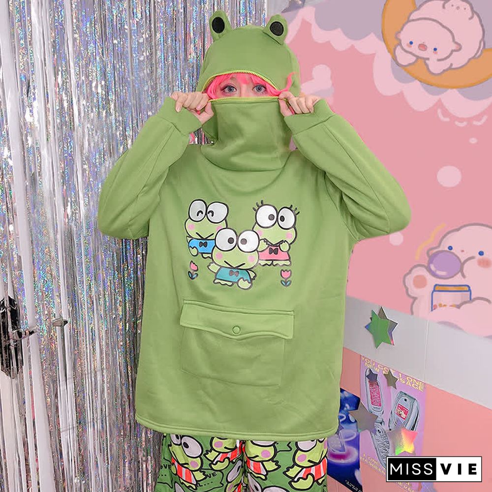 Cartoon Frog Print Pocket Plush Zipper Hoodie