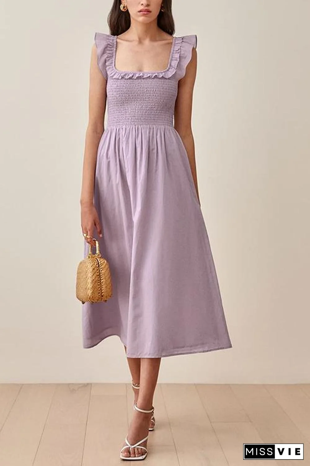 Elastic Ruffles Square Neck Midi Dress