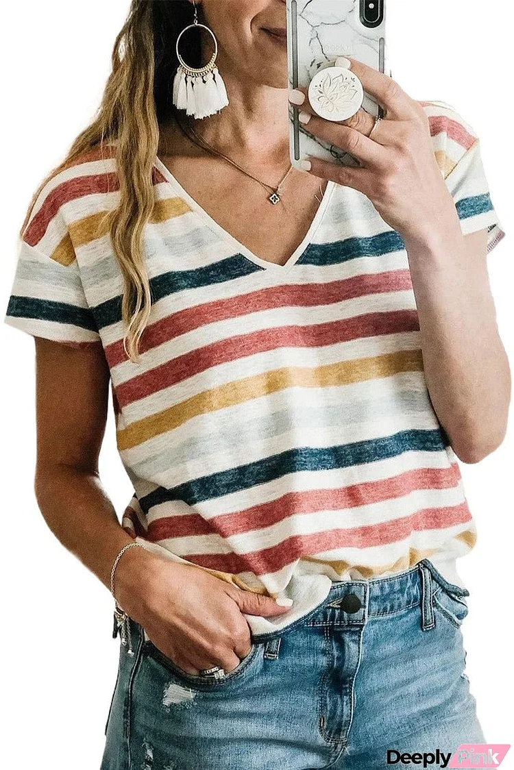 Floral V Neck Colorblock T-shirt