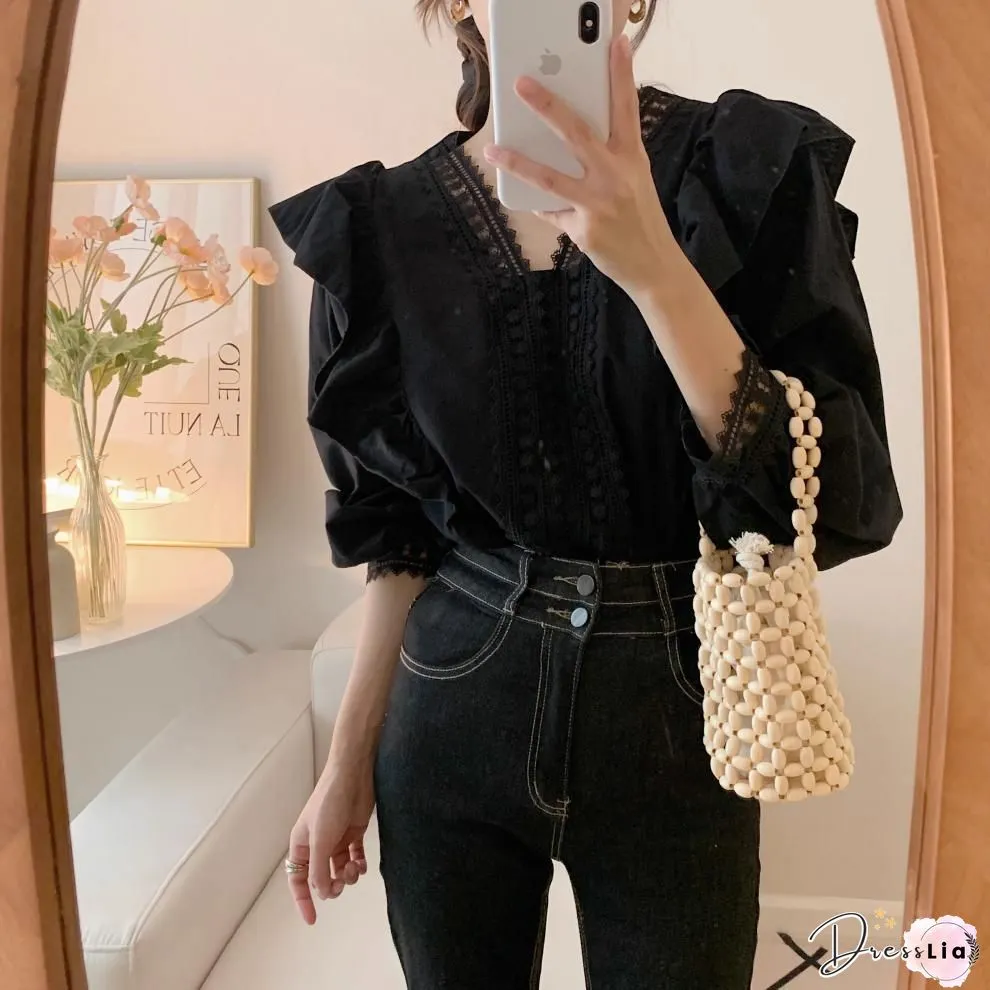 Womens Long sleeve shirt chiffon blouse ruffle neck irregular streetwear casual loose