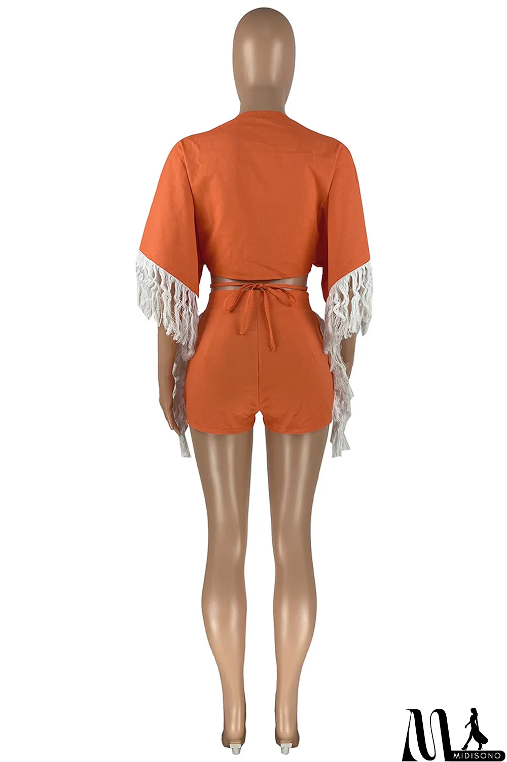 MidiSono - Orange Fashion Casual Solid Tassel Split Joint Frenulum V Neck Half Sleeve Two Pieces