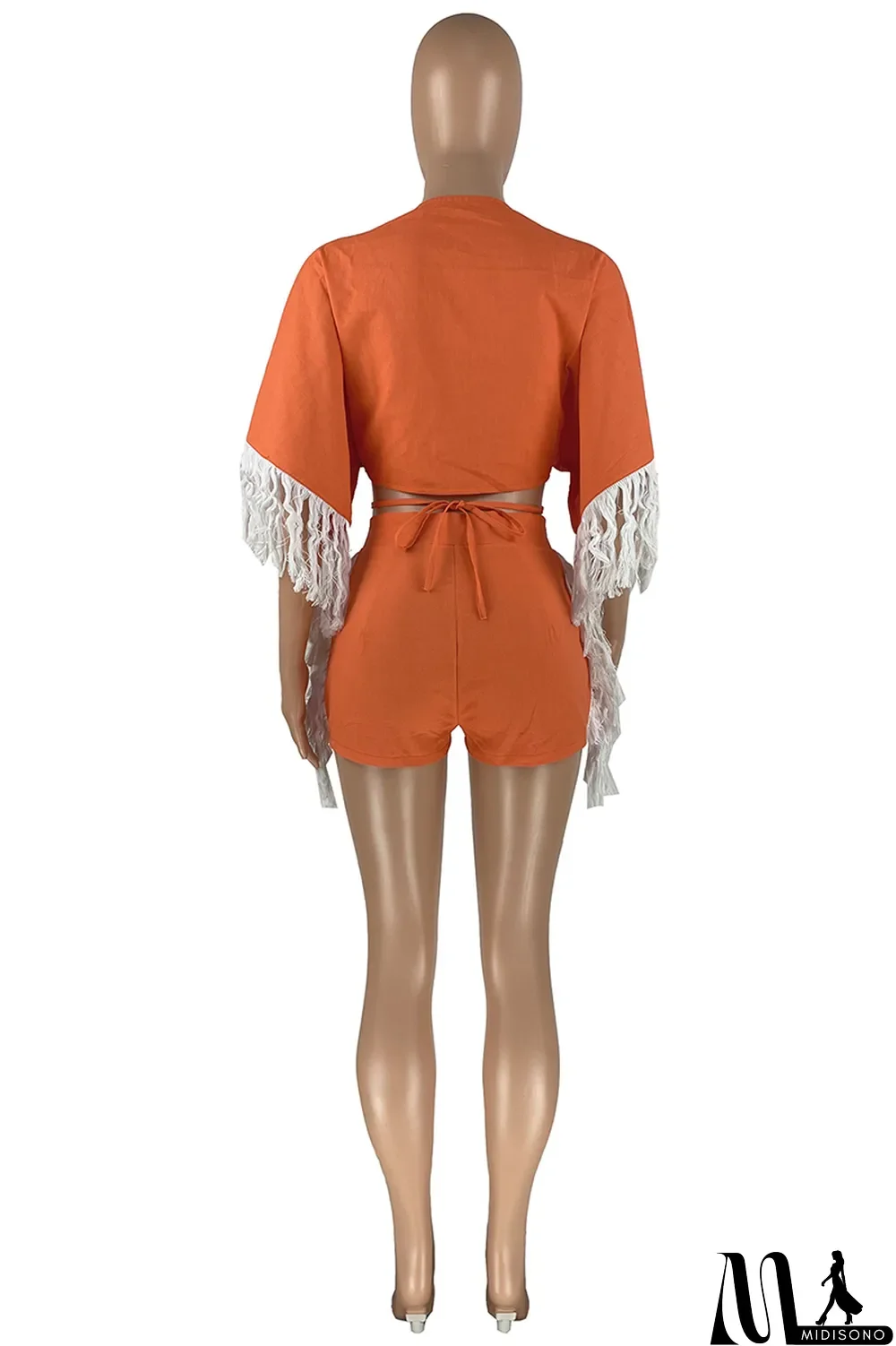 MidiSono - Orange Fashion Casual Solid Tassel Split Joint Frenulum V Neck Half Sleeve Two Pieces