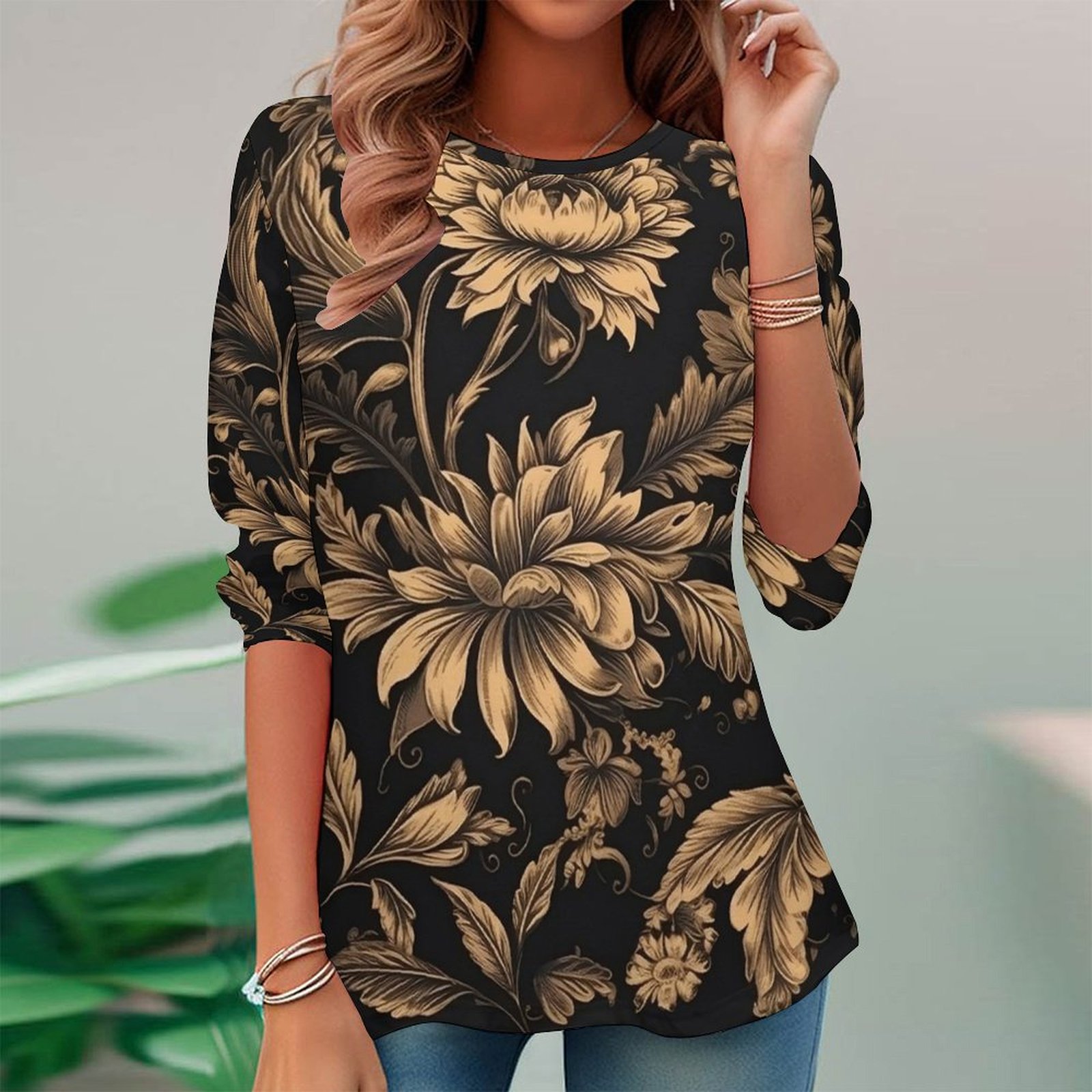 Women Long Sleeve V-neck Graphic Floral Printed Top