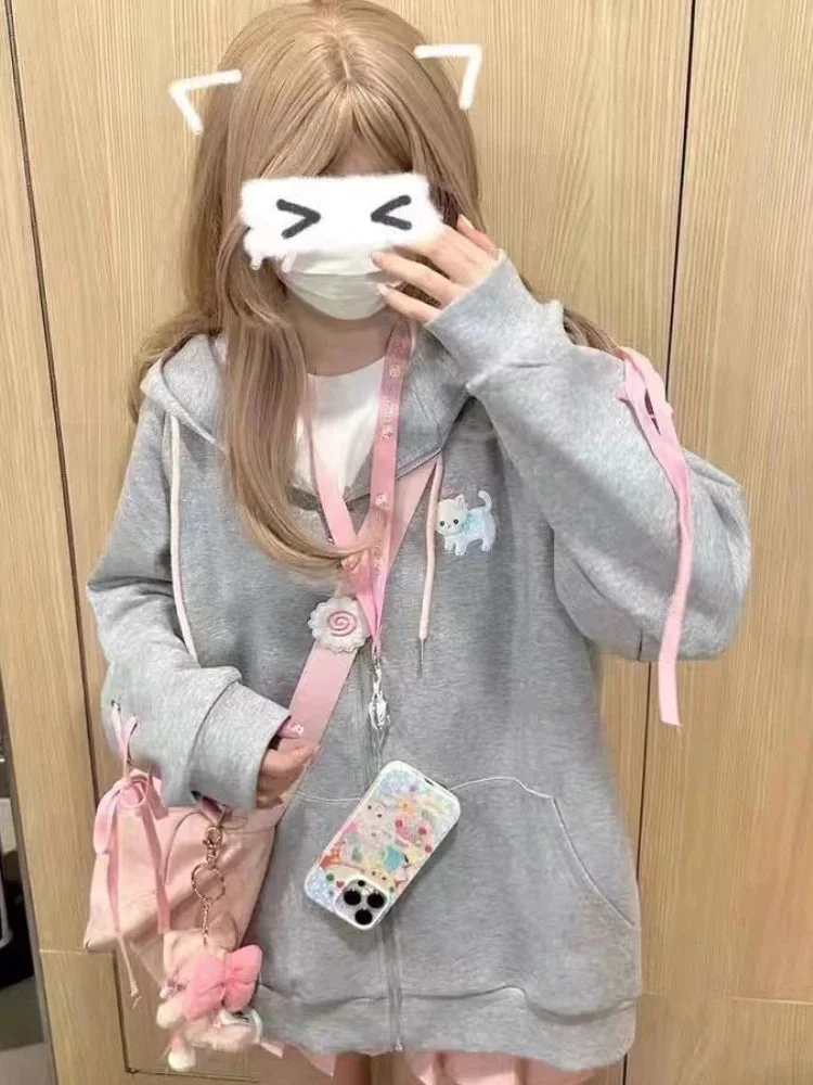 Tlbang Harajuku Kawaii Gray Zip Up Hoodies Women Sweet Cute Cat Ear Hooded Sweatshirts Japanese Oversized Casual Tops Korean
