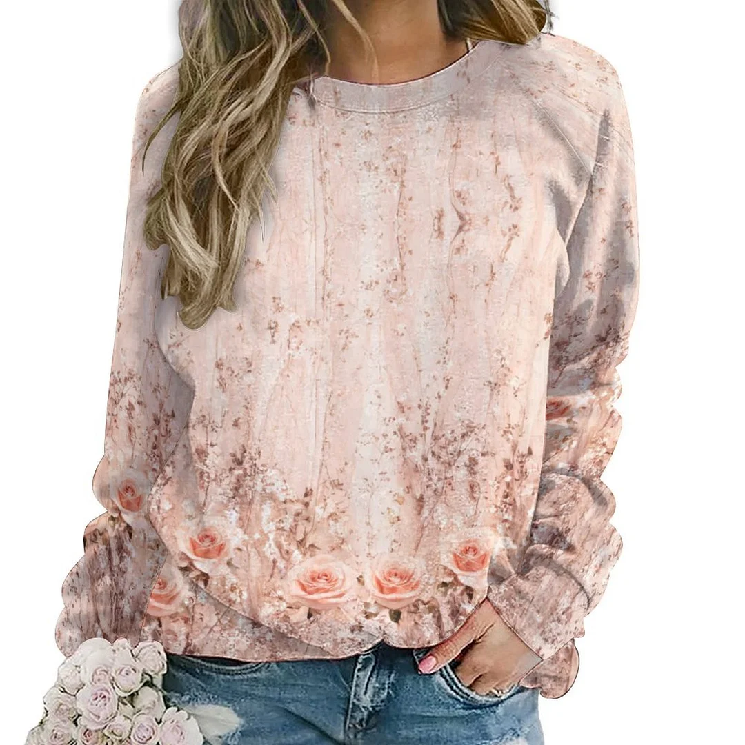 Printed Long Sleeve Casual Sweatshirt for  Women and Men Unisex Pattern Floral, Glitter, Pink