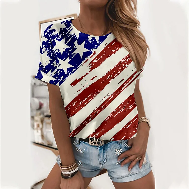 Women's Flag Top American Flag Print Short Sleeve Crew-Neck T-Shirt