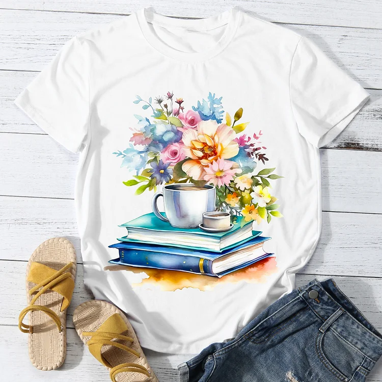 Flower And Book Women's Casual Round Neck T-Shirt -BSTC1633