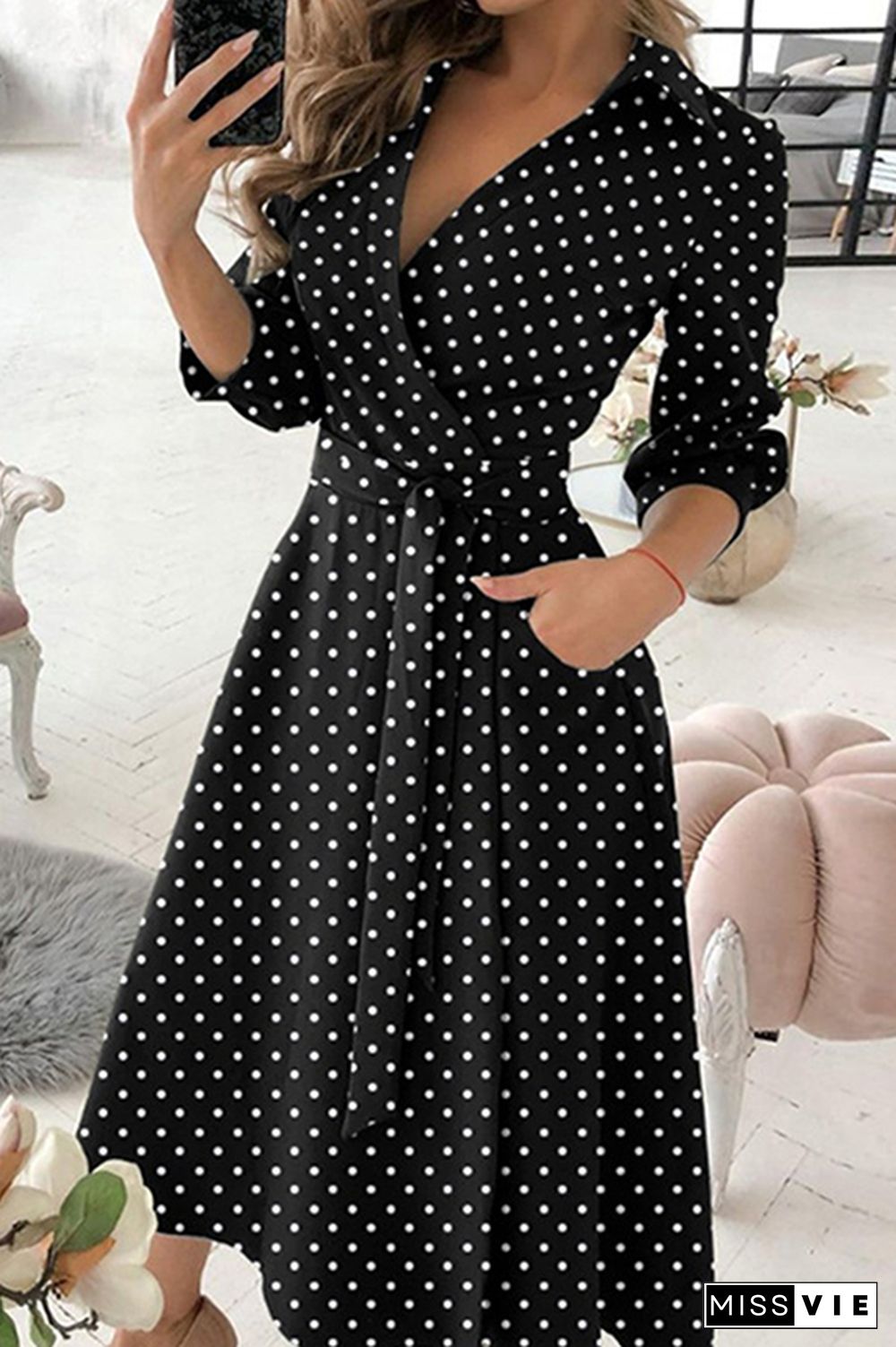 Fashion Elegant Print Solid Patchwork Frenulum V Neck A Line Dresses(10 Colors)