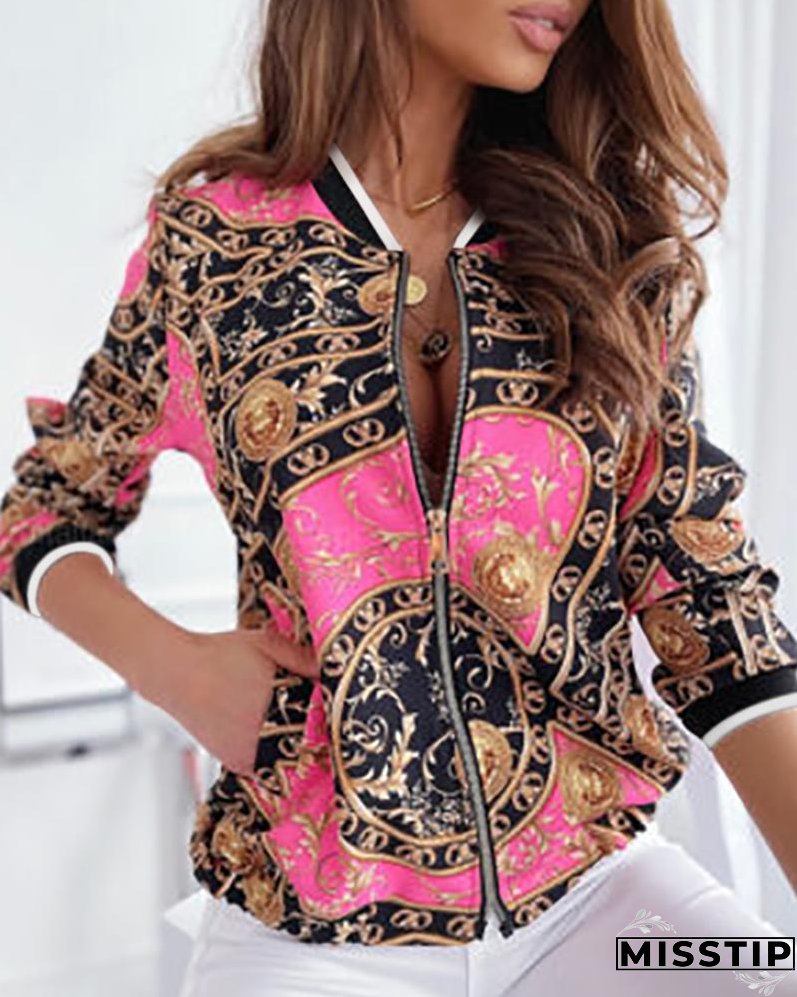 Long Sleeve Baroque Print Zipper Design Jacket