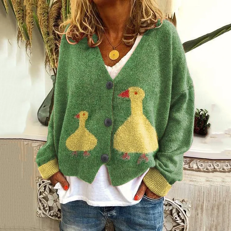 VChics Cute Ducks Print Casual Knitted Cardigan