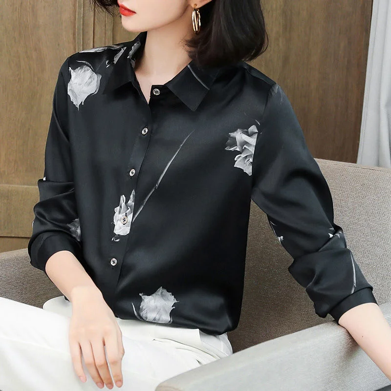 Fashion Rose Print Shirt Women's Clothing 2022 Spring New Blouse Elegant Vintage Lapel Long Sleeve Button Casual Blouses Female