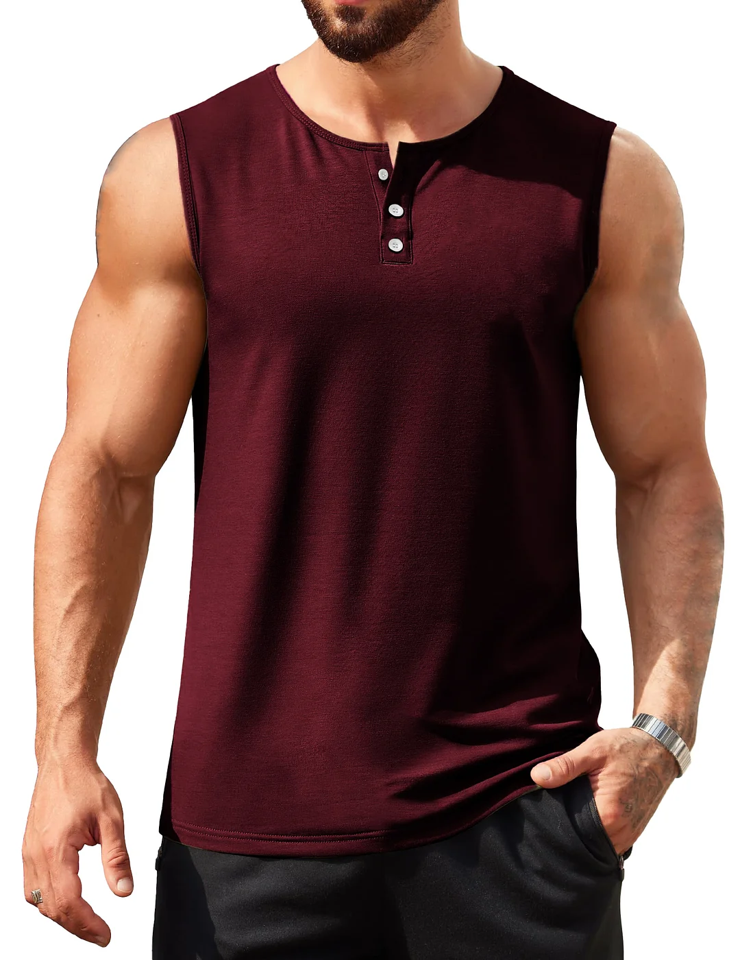 Men's Hawaiian Casual Comfort Button-Down Crew Neck Sleeveless Henley Shirt