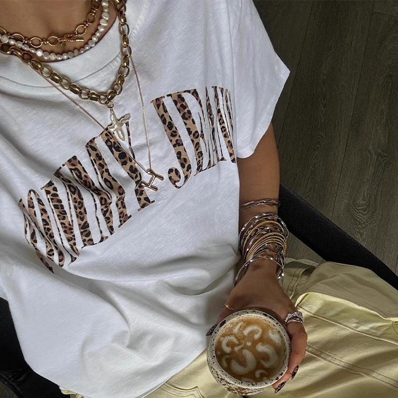 OLCooL American Retro New Leopard Print Letter Short-sleeved T-shirt Summer Women's National Fashion Oversize Spice Girl Casual Top Fashion olcool