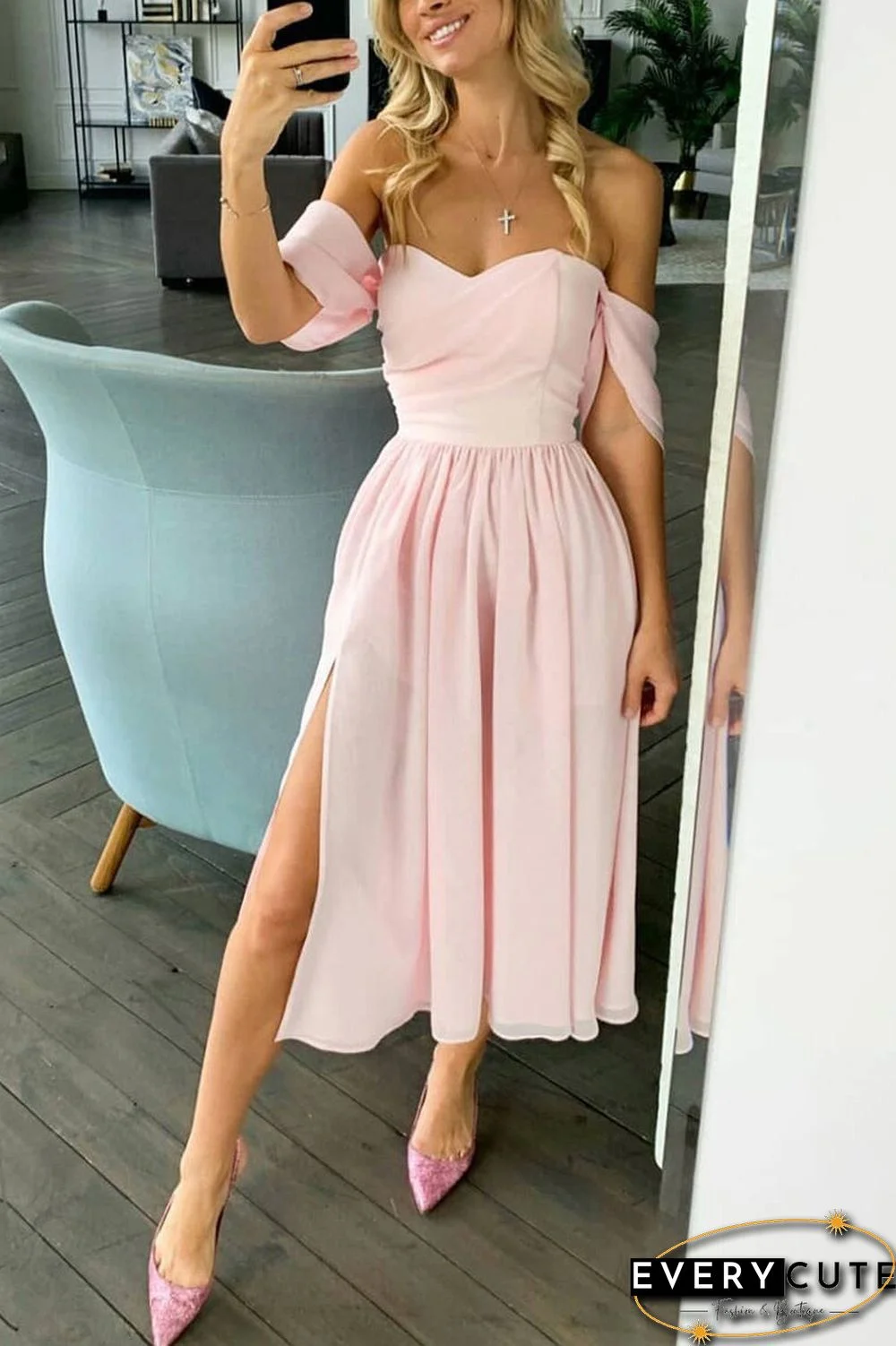Pearl Pink A-Line Off-the-Shoulder Cocktail Party Dress