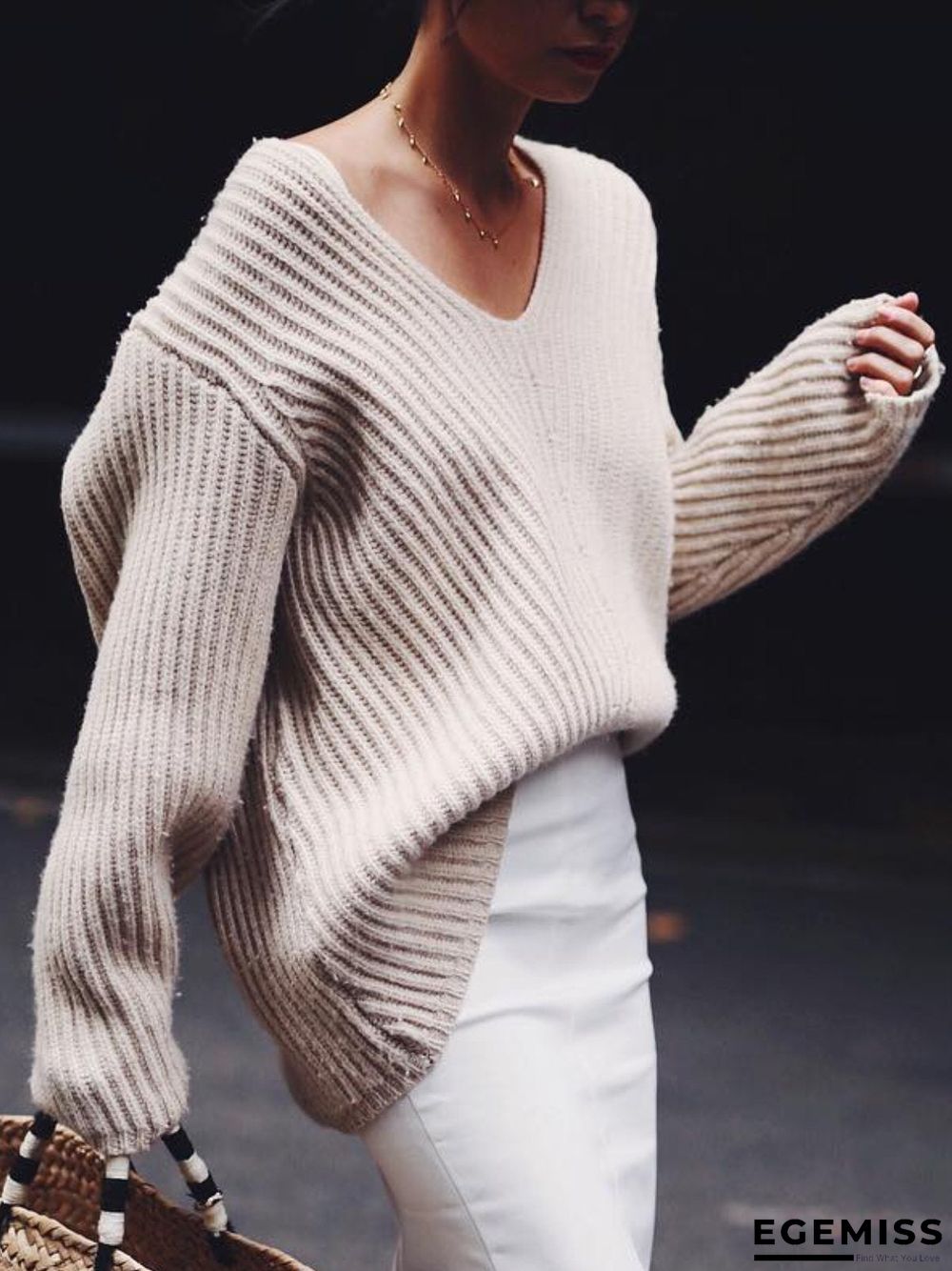Knitted Casual V Neck Solid Sweater | EGEMISS