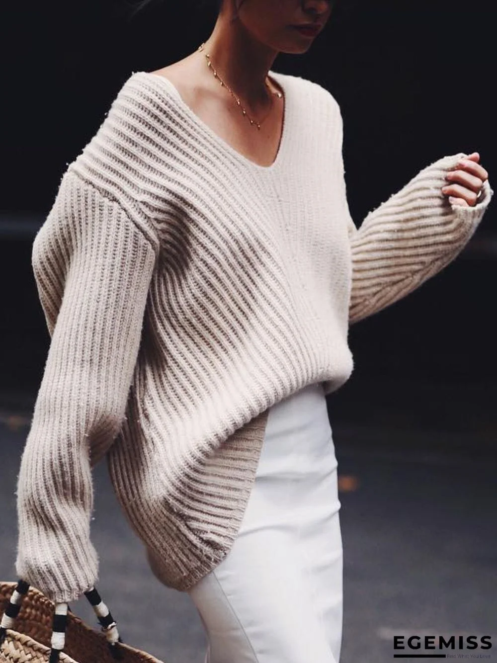Knitted Casual V Neck Solid Sweater | EGEMISS