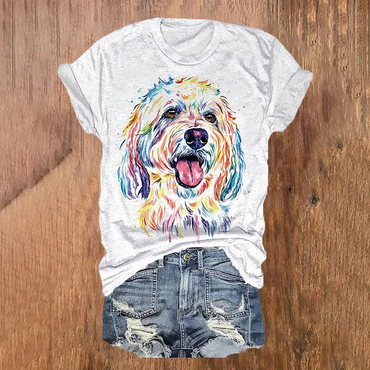 Cute Watercolor Dog Print Casual T-Shirt