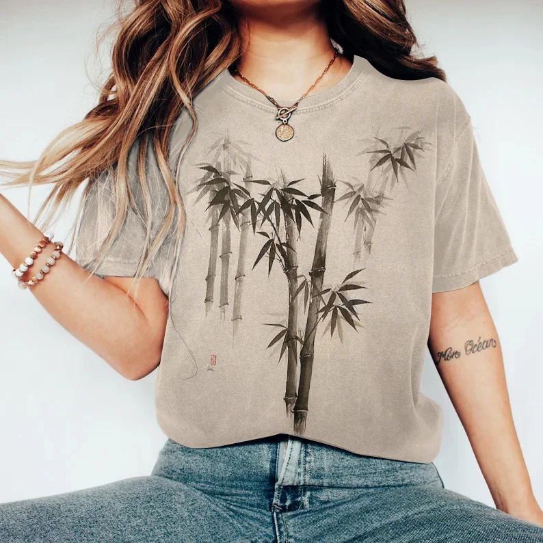 Bamboo Print Round Neck Short Sleeve T-Shirt