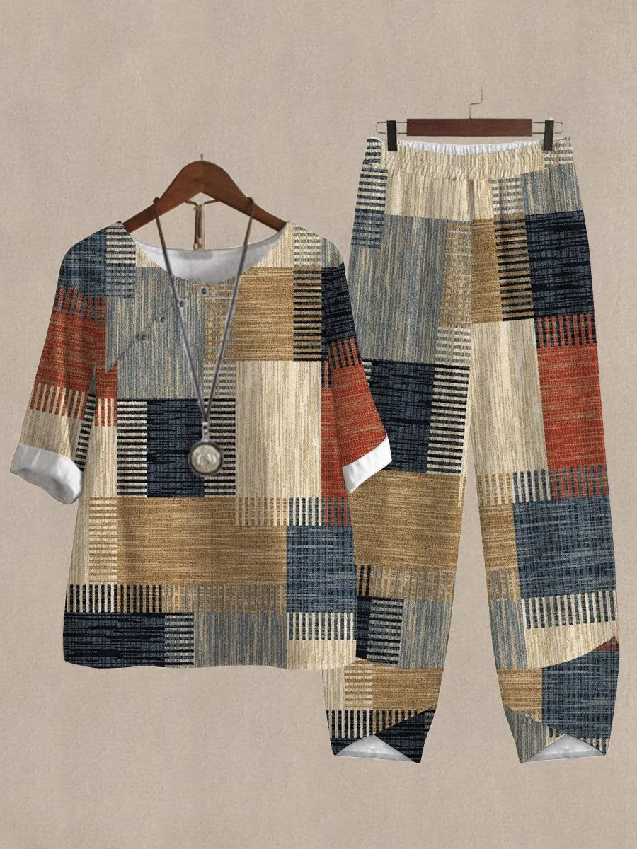 Contrast Print Loose Casual Two Piece Suits