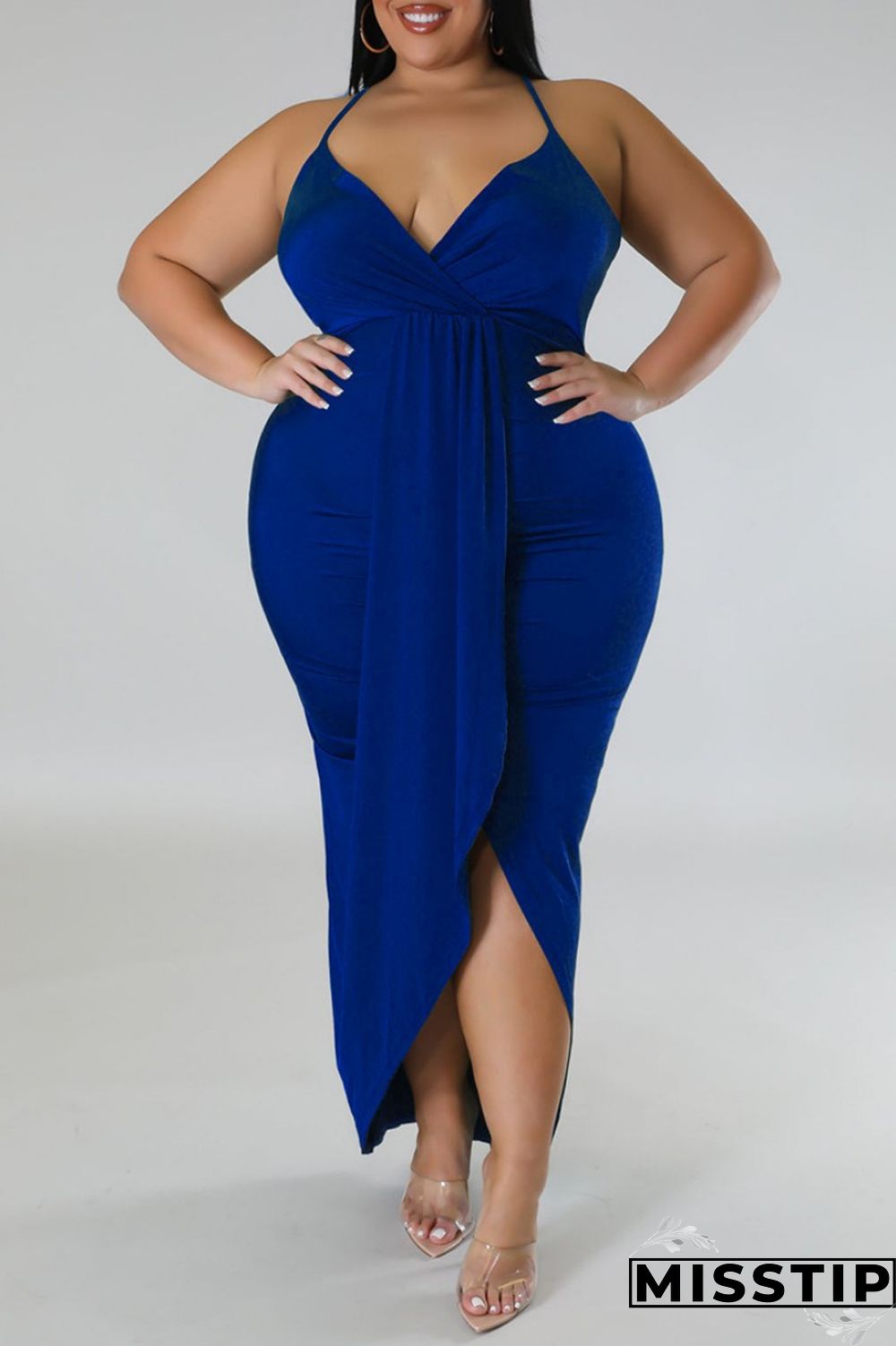 Purple Sexy Solid Patchwork Backless V Neck Sling Dress Plus Size Dresses