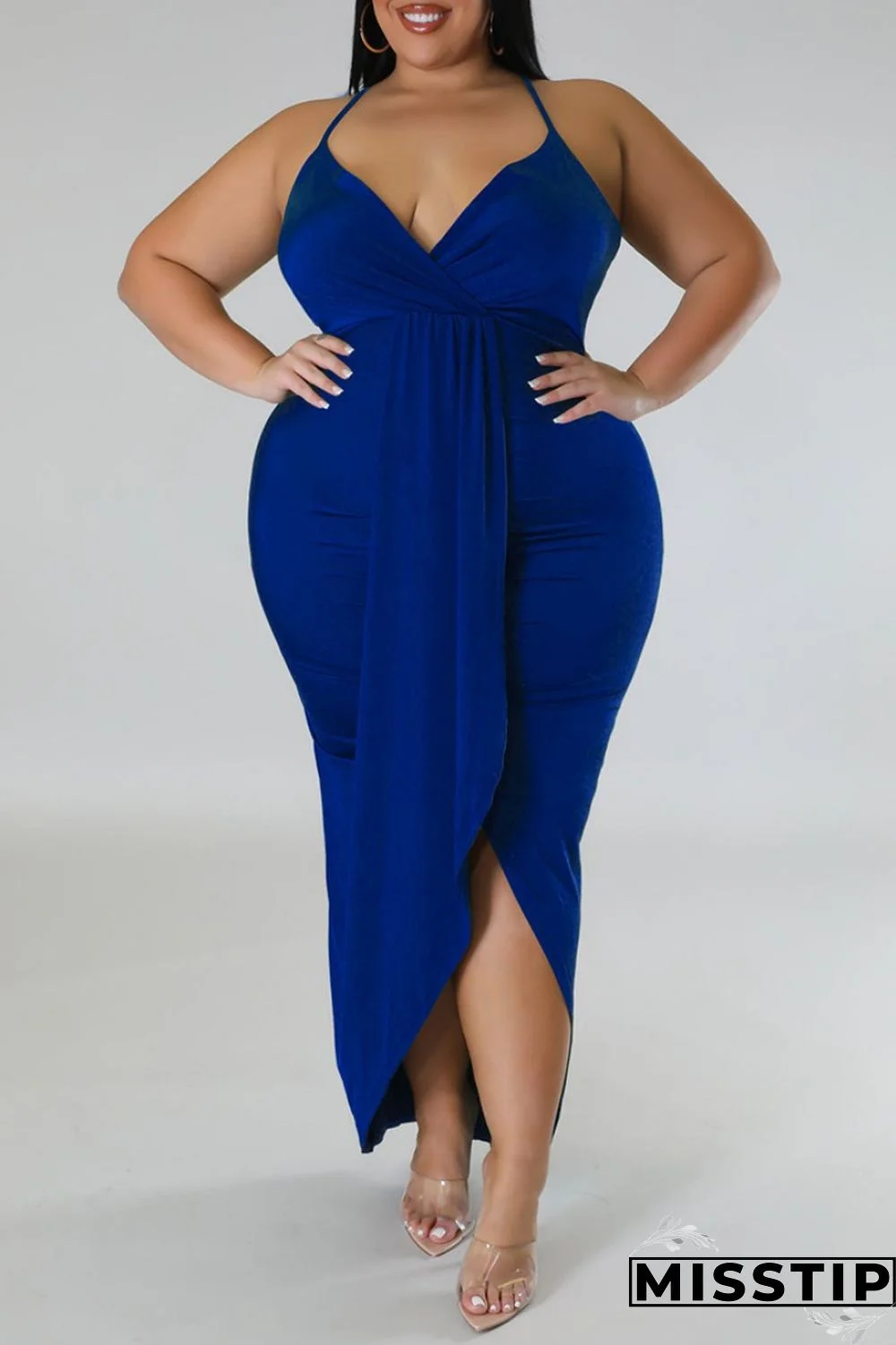 Purple Sexy Solid Patchwork Backless V Neck Sling Dress Plus Size Dresses