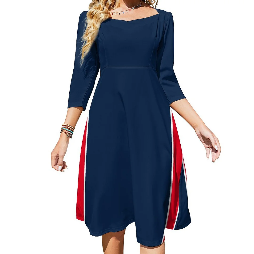 Red Anchor Nautical Red White Stripes Navy Blue Le Dress Sweetheart Tie Back Flared 3/4 Sleeve Midi Dresses