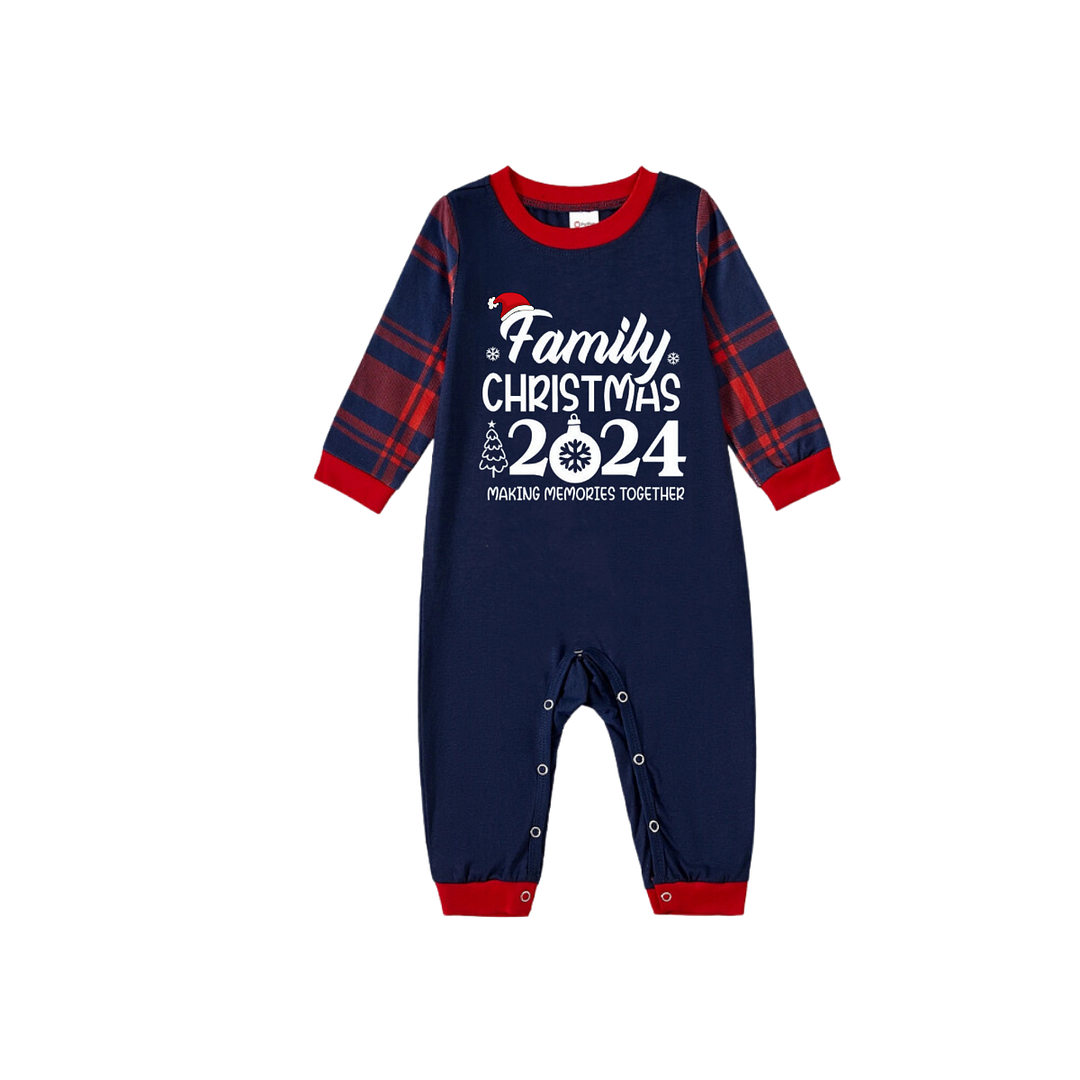 "Family Christmas 2024" Text Prints Blue Long Sleeves Top with Red and Blue Plaid Pants Christmas Matching Pajamas