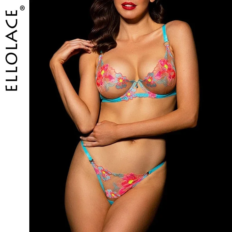 Ellolace Lingerie Set Sexy Exotic Fancy Floral Transparent Underwear Lace Sensual Push Up Underwire Bra Garters Thong Brief Sets