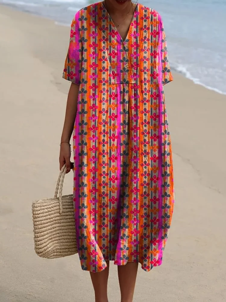 Colorful Geometric Floral Pattern Printed Women's Flowy Dress
