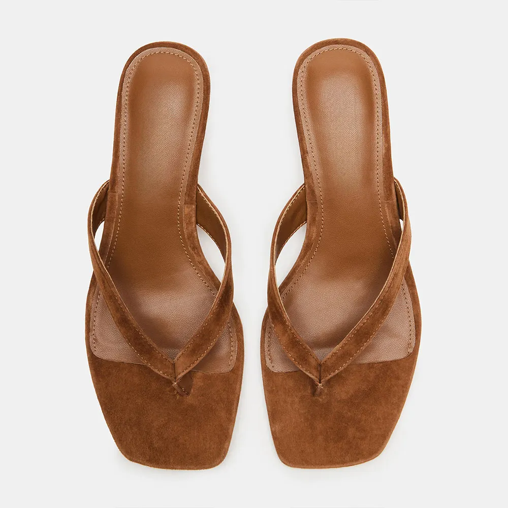 YDN Brown Vegan Suede Open Square Toe Kitten Heel Slides Shoes