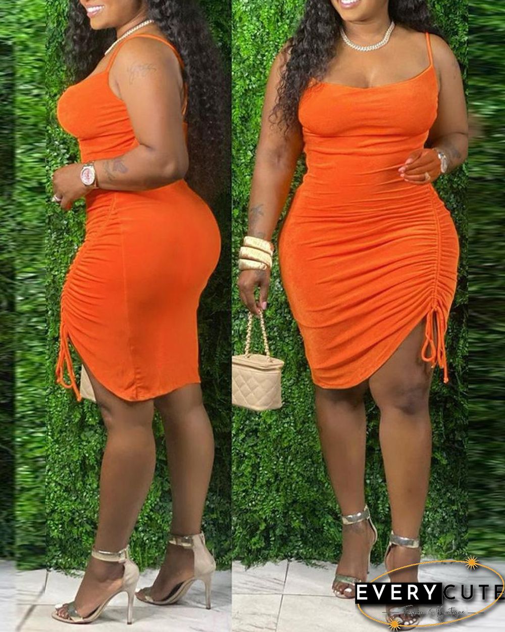 Plus Size Drawstring Ruched Bodycon Dress