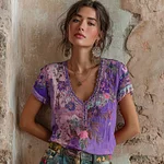 Women's Bohemian Floral Embroidery Art V-neck Contrast Color Linen Blend T-shirt - Image 3