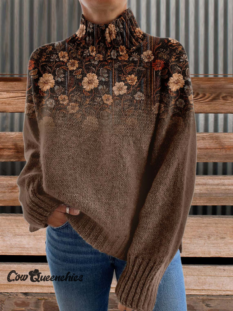 Brown Print Knit Turtleneck Pullover Sweater Multicolor / S