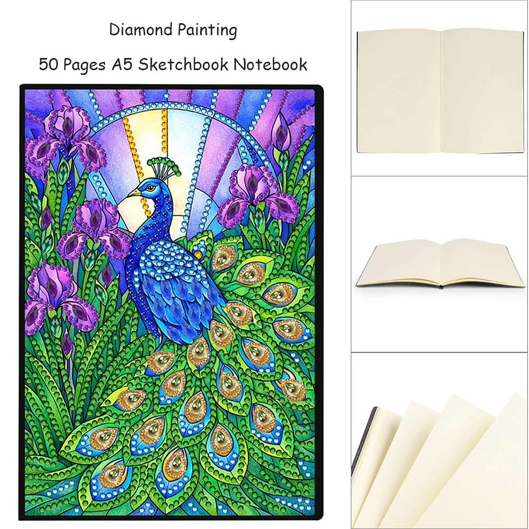 DIY Flower Diamond Painting Journals Notebooks 50 Pages A5 No Lines Special Shaped Diamond Art Kits for Beginners Craft Lovers and Artists (Peacock)