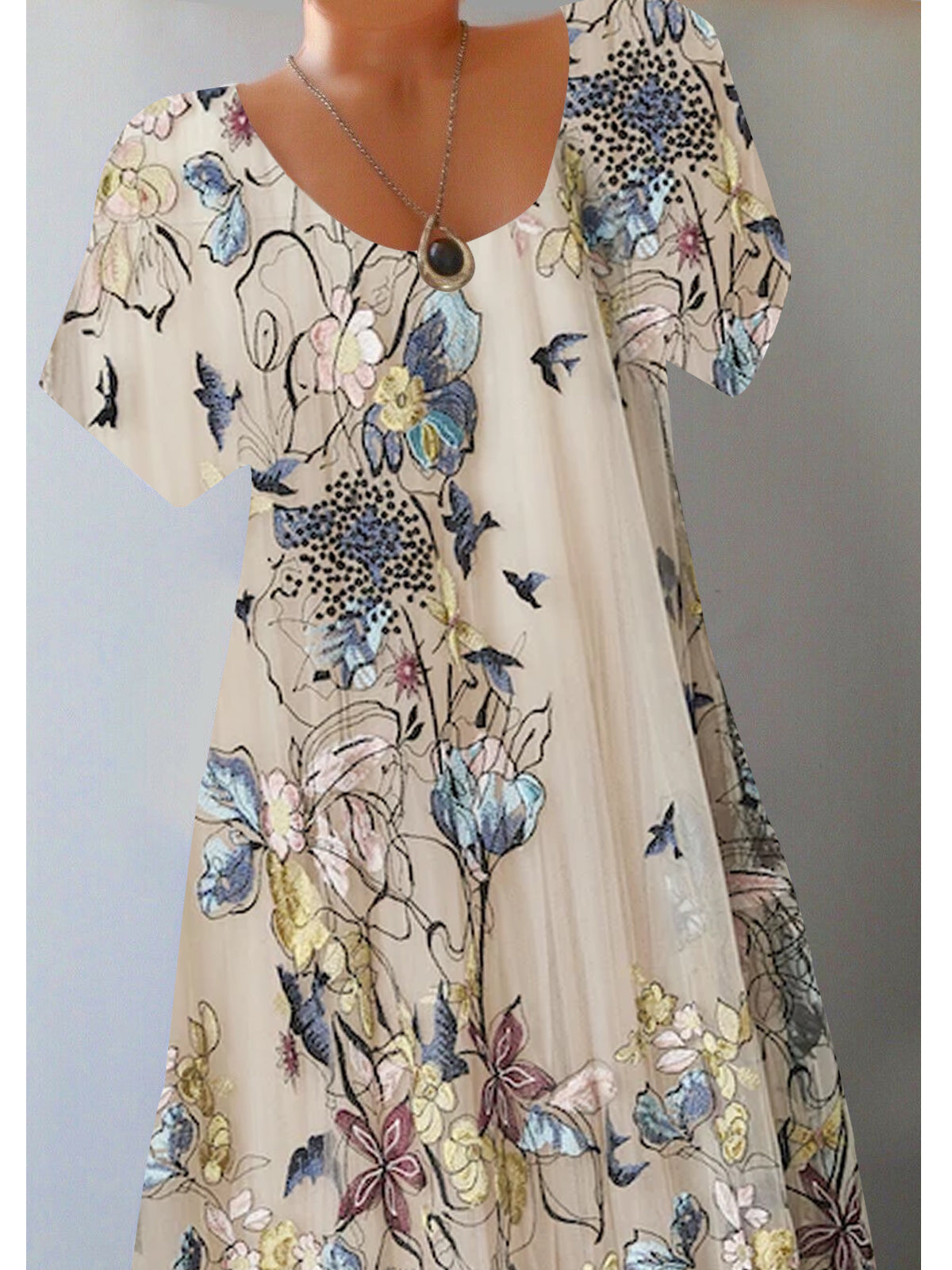 Women Half Sleeve V-neck Solid Color Dress