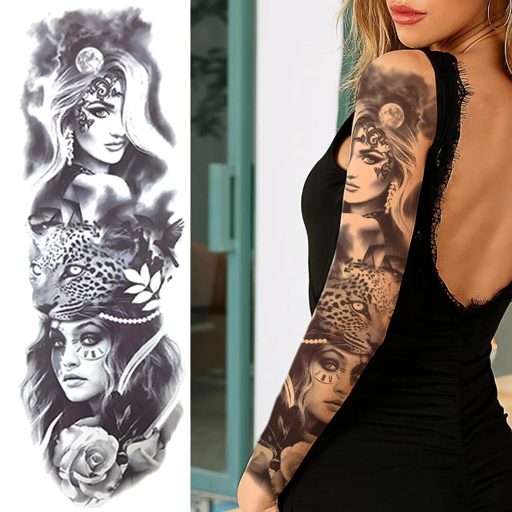 Sexy Long Full Arm Rose Clock Temporary Tattoos For Men Women Tatoo Body Leg Art Makeup Large Tiger Flower Fake Tattoo Stickers