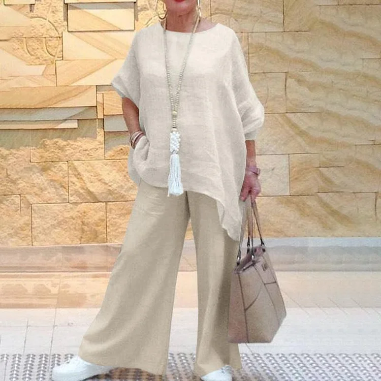 Fashion casual asymmetrical long-sleeved wide-leg pants two-piece suit