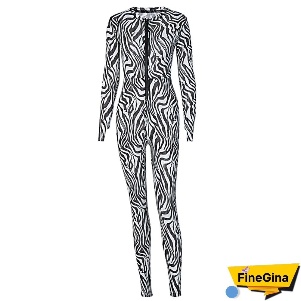 Zebra Print Jumpsuit Autumn And Winter Long Sleeve Round Neck Romper Women Jumpsuit Clubwear One Piece Romper Playsuits