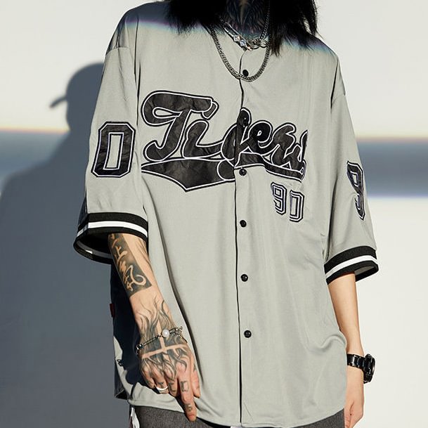 American retro high street style hiphop short-sleeved T-shirt loose baseball half-sleeved cardigan top