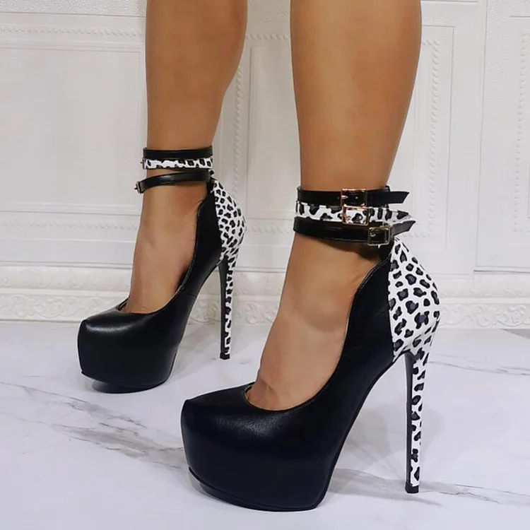 Black & White Leopard Platform Pumps Ankle Strap Shoes Buckle Heels |FSJ Shoes